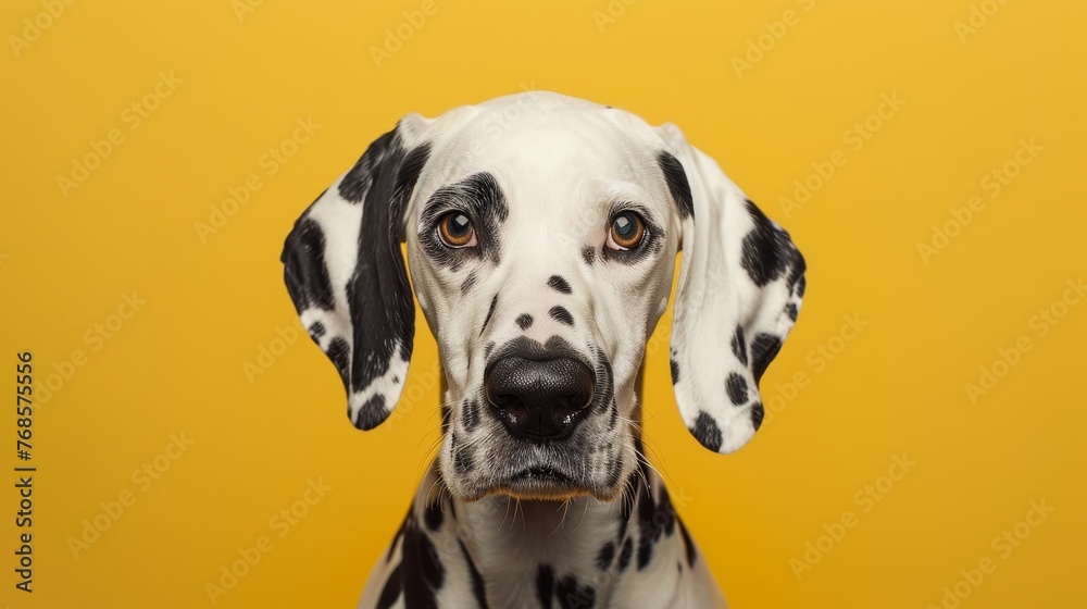 The headshot of a Dalmatian dog against a yellow background is a studio portrait