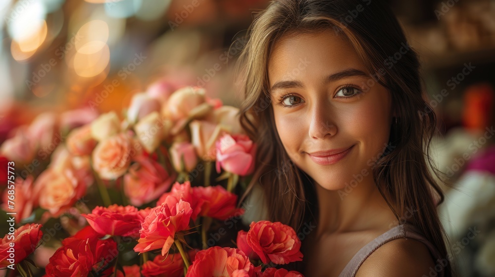 Young girl with a bouquet of roses in flower shop. Young girl with a bouquet of roses in flower shop.