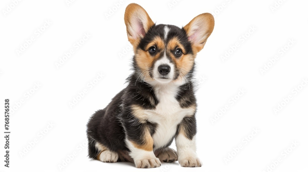 Portrait of a Pembroke Welsh Corgi puppy seated in front of a white background, looking forward