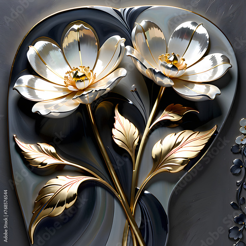 High-quality artwork mother-of-pearl silver white lacquerware and gold a flower with meticulous design by devoid of shine.(Generative AI)  photo