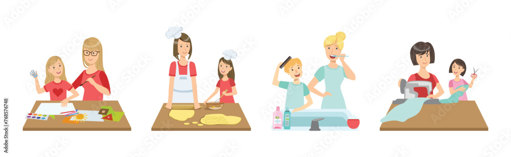 Mother and Kid Engaged in Daily Activity Vector Set Mother and Kid Engaged in Daily Activity Vector Set