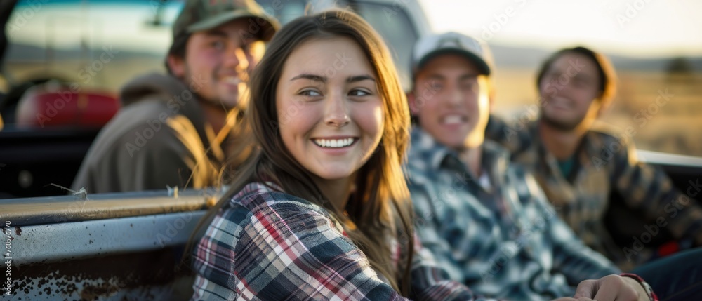 Young people enjoying a road trip with a cheerful young woman sitting in the back of a pickup truck with her friends.
