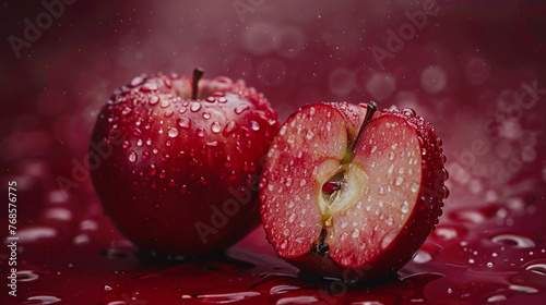 Crisp Red Apple Halves Bathed in Water Droplets on a Rich Burgundy Background. photo