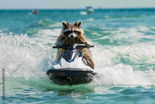 raccoon on jet ski, splashing through ocean water © studioworkstock