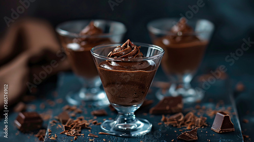 Elegant Dark Chocolate Mousse in Glass Cups on a Midnight Blue Background.