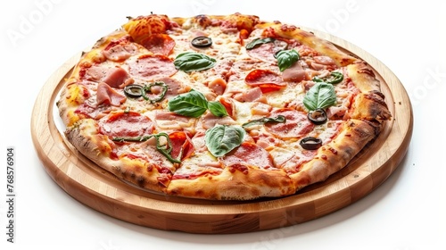 Isolated on white, a delicious pizza is served on a wooden plate
