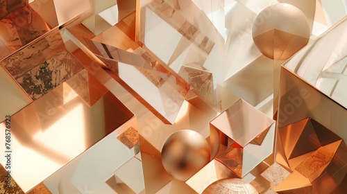 Envision an abstract composition showcasing beige and copper geometric shapes in a mesmerizing 3D render, blending artistic finesse and modern design.