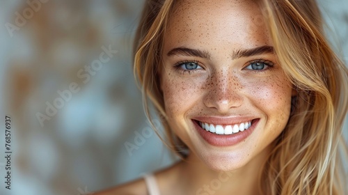 Macro shot of woman s joyful smile eyes sparkling with happiness photo