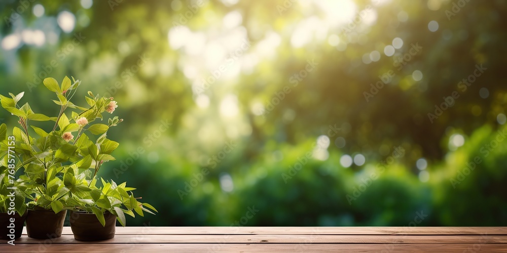 Empty wooden table with blurred city park on background. Wooden table and blurred green nature garden background