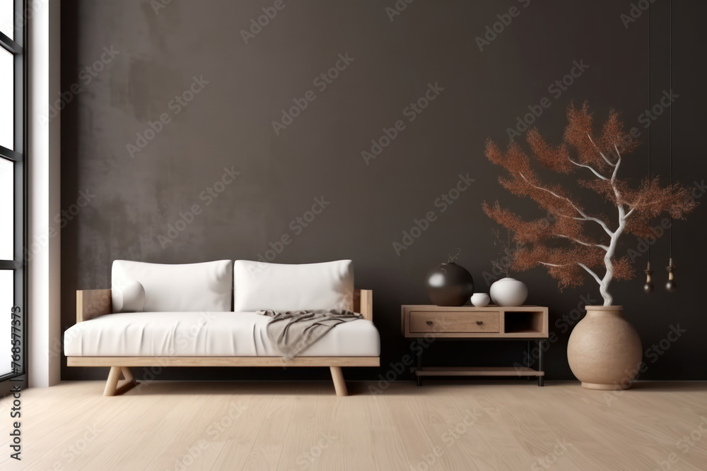 Minimalist chic living room with natural accent - obrazy, fototapety, plakaty 