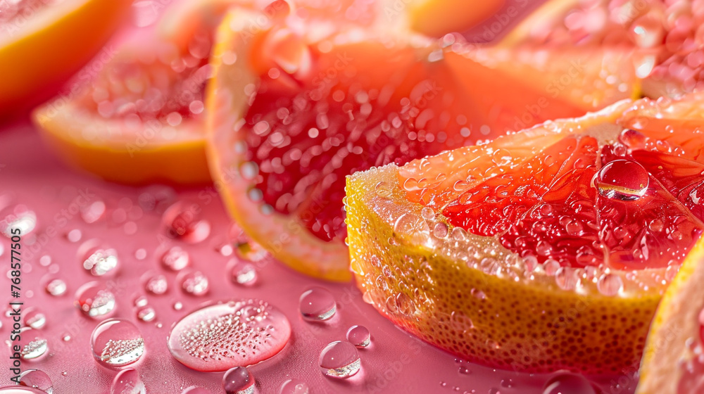 Grapefruit Slices Enhanced by Water Droplets on a Rosy Pink Background. Grapefruit Slices Enhanced by Water Droplets on a Rosy Pink Background.