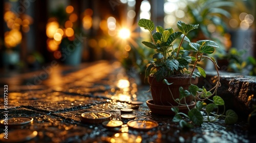 Coins in a pot on the background of a brick wall with green plants
