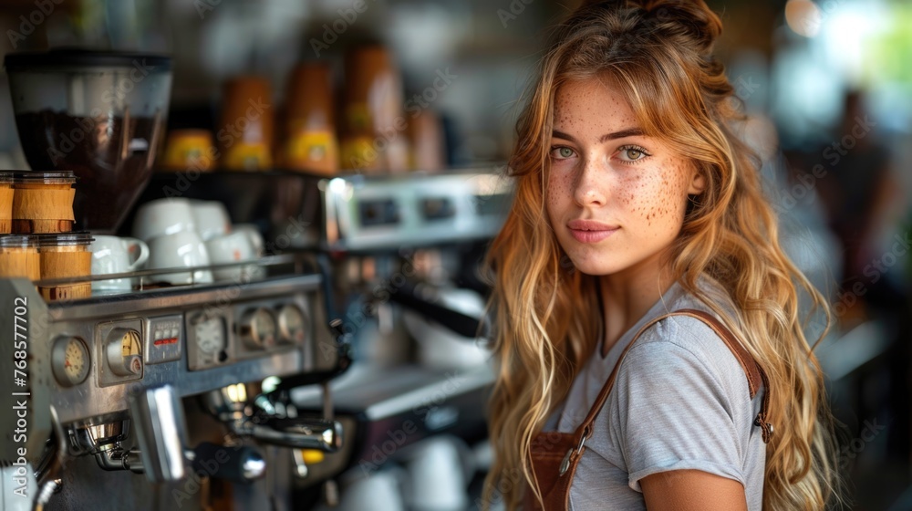 Barista girl with freckles standing by espresso machine.