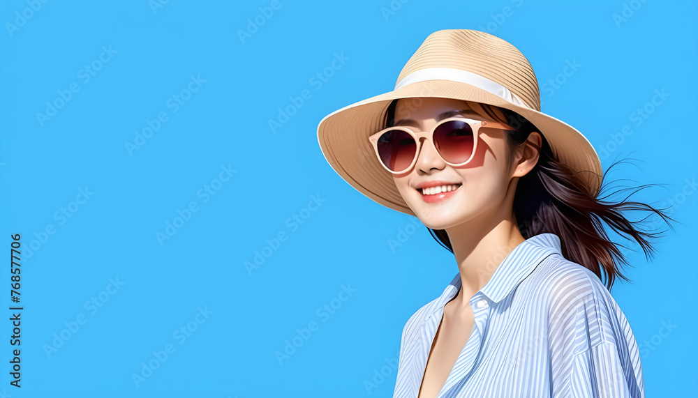 Happy young and cute Asian tourist woman wearing beach hat and ...