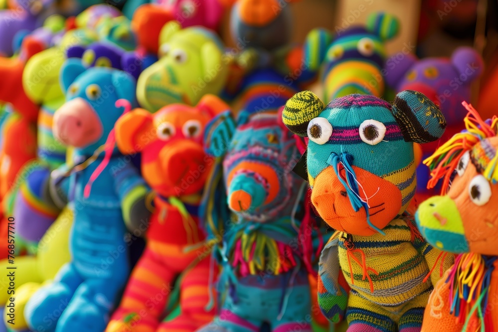 a collection of vibrant sock puppets for sale at a craft market