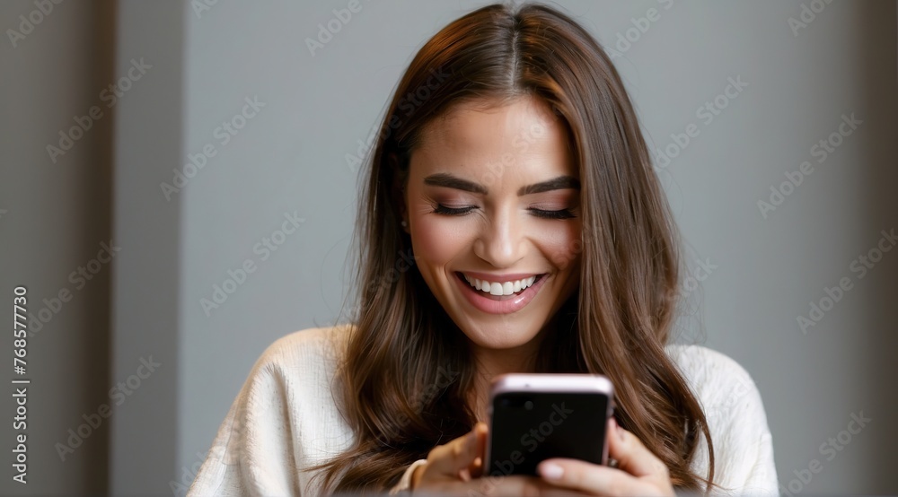 Woman laughing while looking at smartphone Woman laughing while looking at smartphone