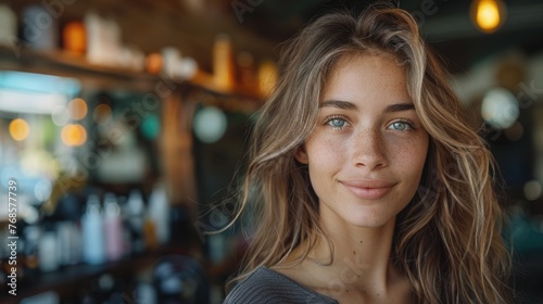 Portrait of a young woman with freckles in a cafe
