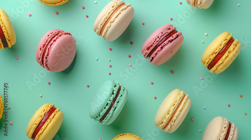 Meticulously Arranged Colorful Macarons on a Sleek Emerald Green Background. photo