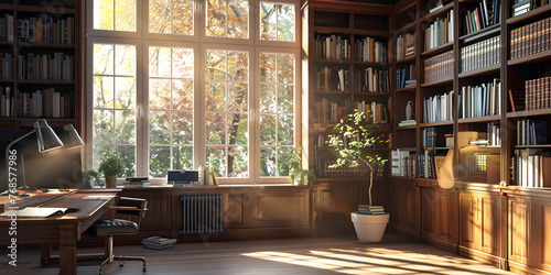 Indoor library with modern bookshelf comfortable armchair 