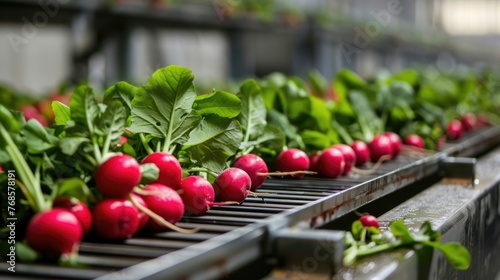 Fresh radishes on conveyor belt at a commercial farm.