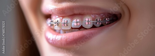 Close up on the application of braces focusing on the alignment and correction for a healthy bite