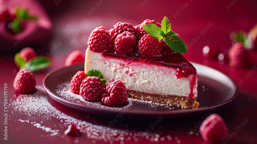 Velvety Raspberry Cheesecake with Fresh Berries on a Luxurious Burgundy Background. Velvety Raspberry Cheesecake with Fresh Berries on a Luxurious Burgundy Background.