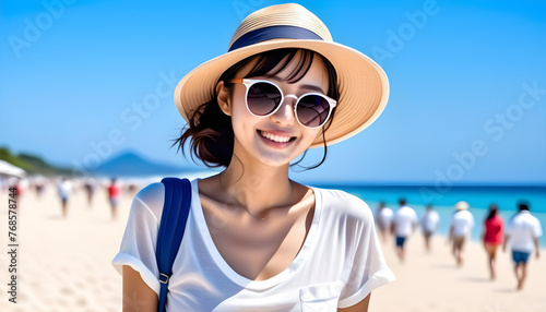 Happy young and cute Asian tourist woman wearing beach hat and sunglasses on blue sky background going to travel on holiday. Tourism, travel, beach vacation.