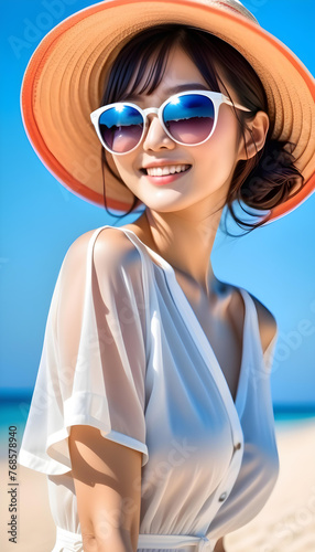 Happy young and cute Asian tourist woman wearing beach hat and sunglasses on blue sky background going to travel on holiday. Tourism, travel, beach vacation. 青空を背景に麦わら帽子とサングラスをかけた幸せな若くてかわいいアジア人の観光客の女性