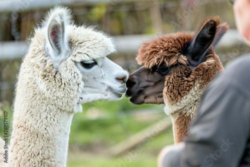 two alpacas nuzzling while person observes affectionately photo