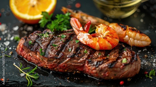 Grilled steak with shrimp on a black stone slab.