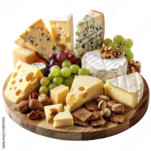 Assorted Cheese Platter with Grapes, Nuts, and Crackers - Transparent Background