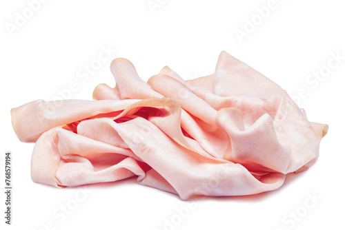 Slices of italian sausage mortadella isolated on white background.