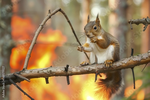 squirrel on tree branch with forest fire backdrop