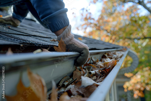 a close-up view, an worker is on the roof of a house. scooping out the eavestrough or roof gutters to clean in preparation for the upcoming winter. photo