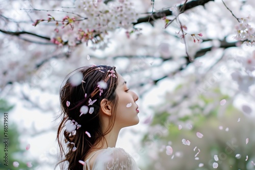 woman standing under cherry trees with petals in hair © Alfazet Chronicles