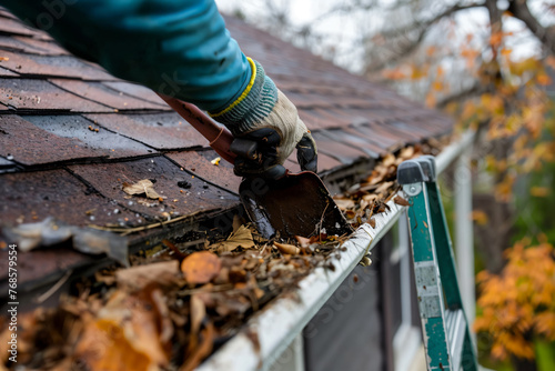 a close-up view, an worker is on the roof of a house. scooping out the eavestrough or roof gutters to clean in preparation for the upcoming winter.