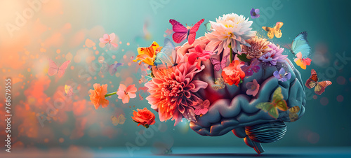Image of human brain with flowers and butterflies, representing self care, positive thinking, and mental health concept.