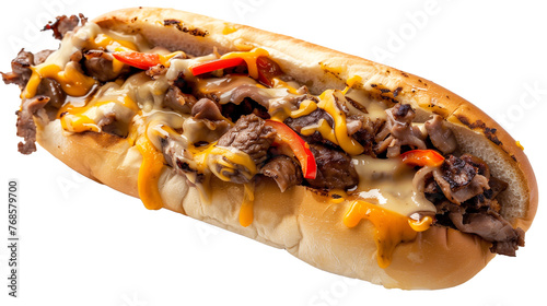 Delicious meal, cheesesteak isolated on white background photo