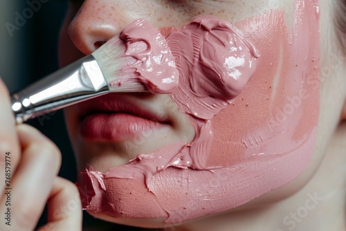 person using brush to apply pink clay mask on cheek