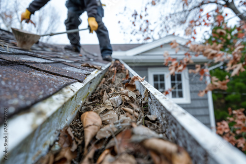 a close-up view, an worker is on the roof of a house. scooping out the eavestrough or roof gutters to clean in preparation for the upcoming winter.
