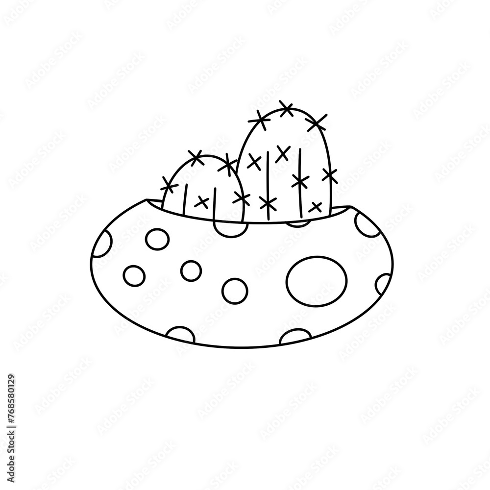 A cactus is in a pot with a white background. The cactus is surrounded by a white circle with black dots A cactus is in a pot with a white background. The cactus is surrounded by a white circle with black dots