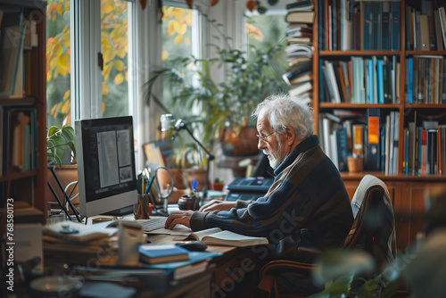 elderly man working on a computer in a home office