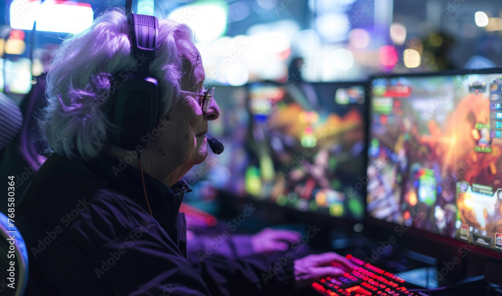 An elderly woman wearing headphones and focusing on a video game on a computer screen.