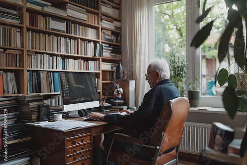 elderly man working on a computer in a home office