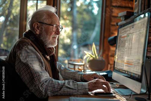 elderly man working on a computer in a home office