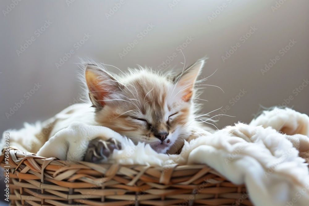 Obraz premium sleeping kitten in wicker basket with soft white throw
