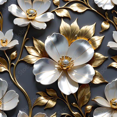 High-quality artwork mother-of-pearl silver white lacquerware and gold a flower with meticulous design by devoid of shine.(Generative AI)  photo