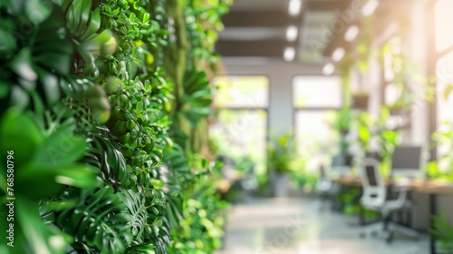 A green wall in an office space filled with various plants, creating a refreshing and natural atmosphere for the workspace.