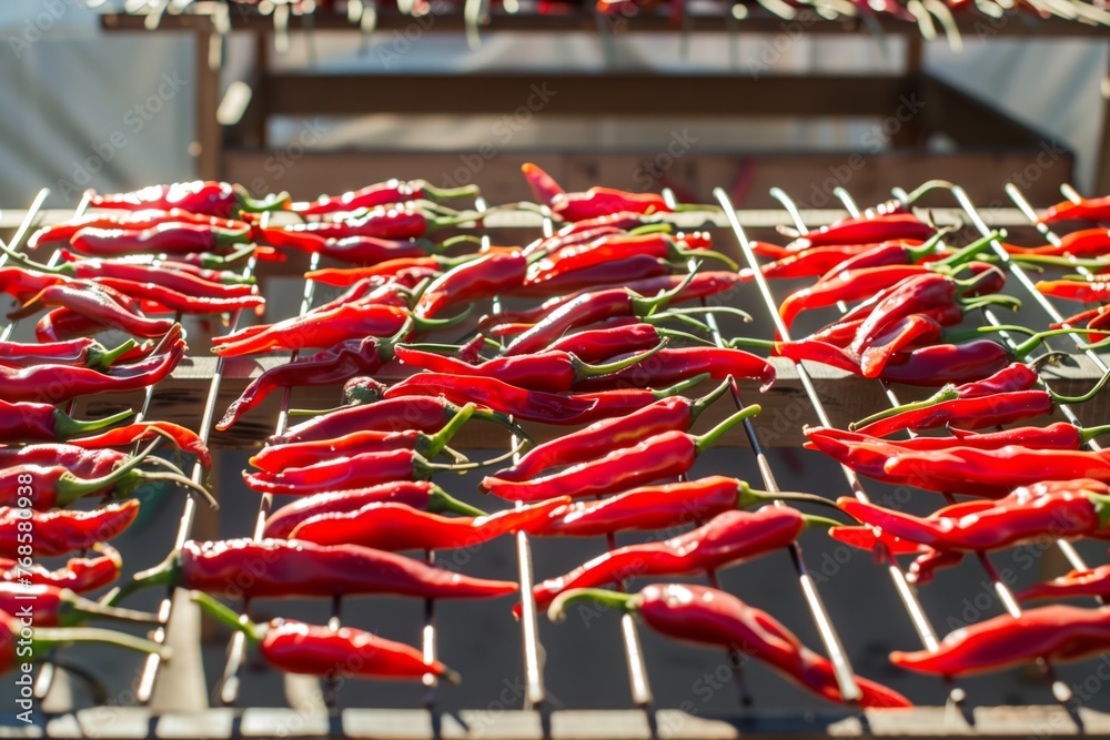 chili peppers drying on racks in the sun - obrazy, fototapety, plakaty 