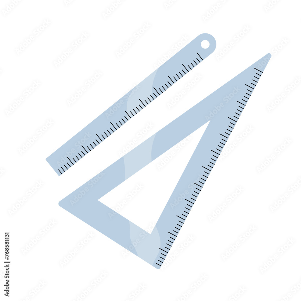 Different rulers to measure length. Metal triangle with centimeter, millimeter scale. School stationery for drafting straight lines. Geometry supplies, tool. Flat isolated vector illustration on white